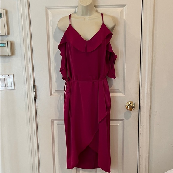 JustFab size 14 pink silky faux wrap dress perfect for wedding cold shoulder - Picture 5 of 14